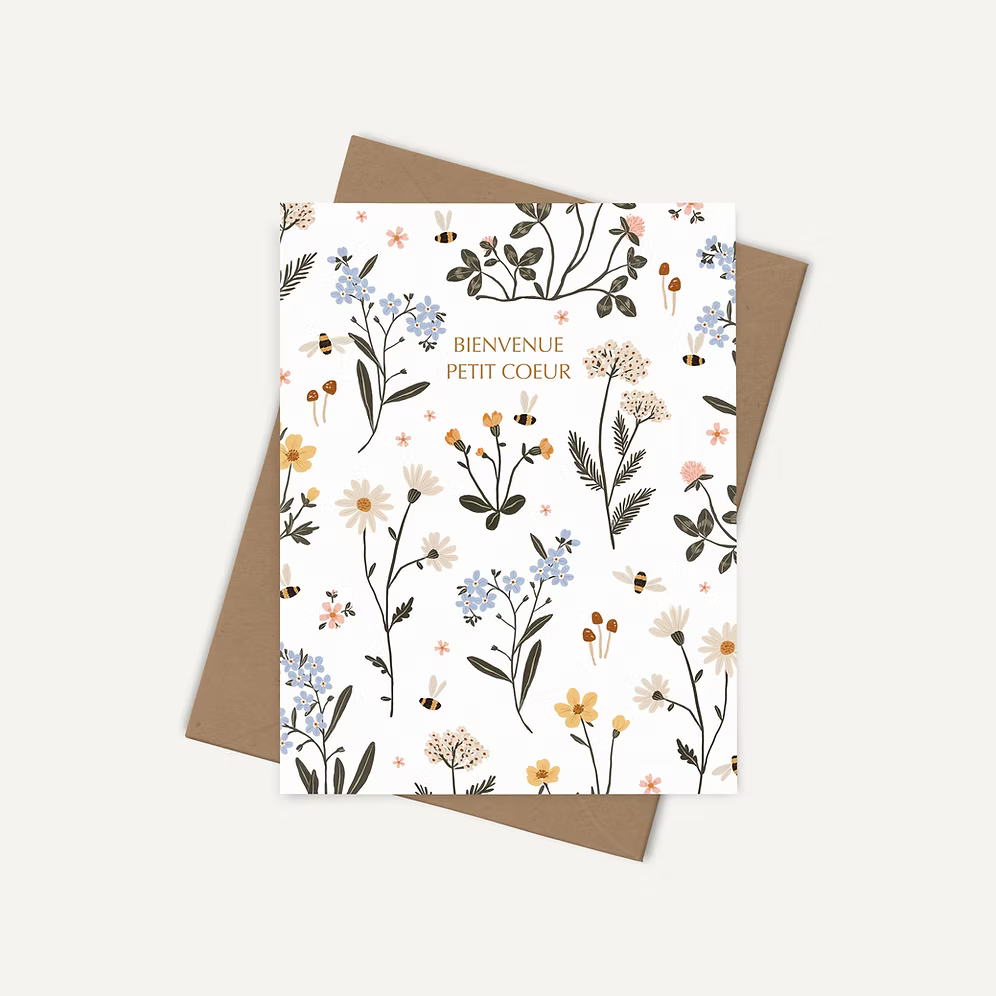 Offrir un mot de douceur avec une carte de souhaits illustrée par Joannie Houle, motif de jardin floral luxuriant, style botanique minimaliste.
