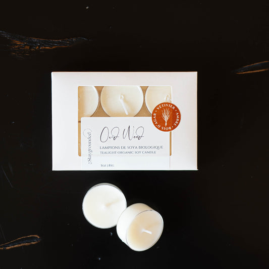 Boîte de lampions artisanaux parfumés au bois d’agar et ambre doré, en cire de soya naturelle.