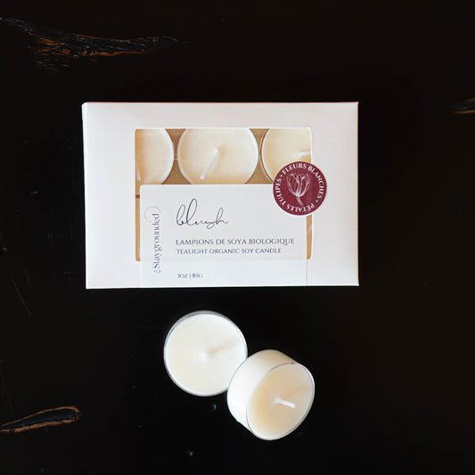 Boîte de lampions parfumés Blush – pétales de tulipes, fleurs blanches et musc – en cire de soya naturelle, faits à la main au Québec

