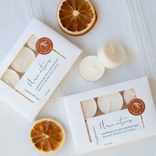 Lampions en cire de soya biologique aux notes de kumquat, bois de santal et zeste de citron, fabriqués à la main au Québec par staygroundedco.