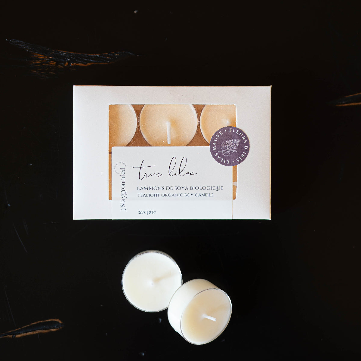 Lampions en cire de soya biologique aux notes de lilas mauve, fleurs d'iris et musc, fabriqués à la main au Québec par staygroundedco