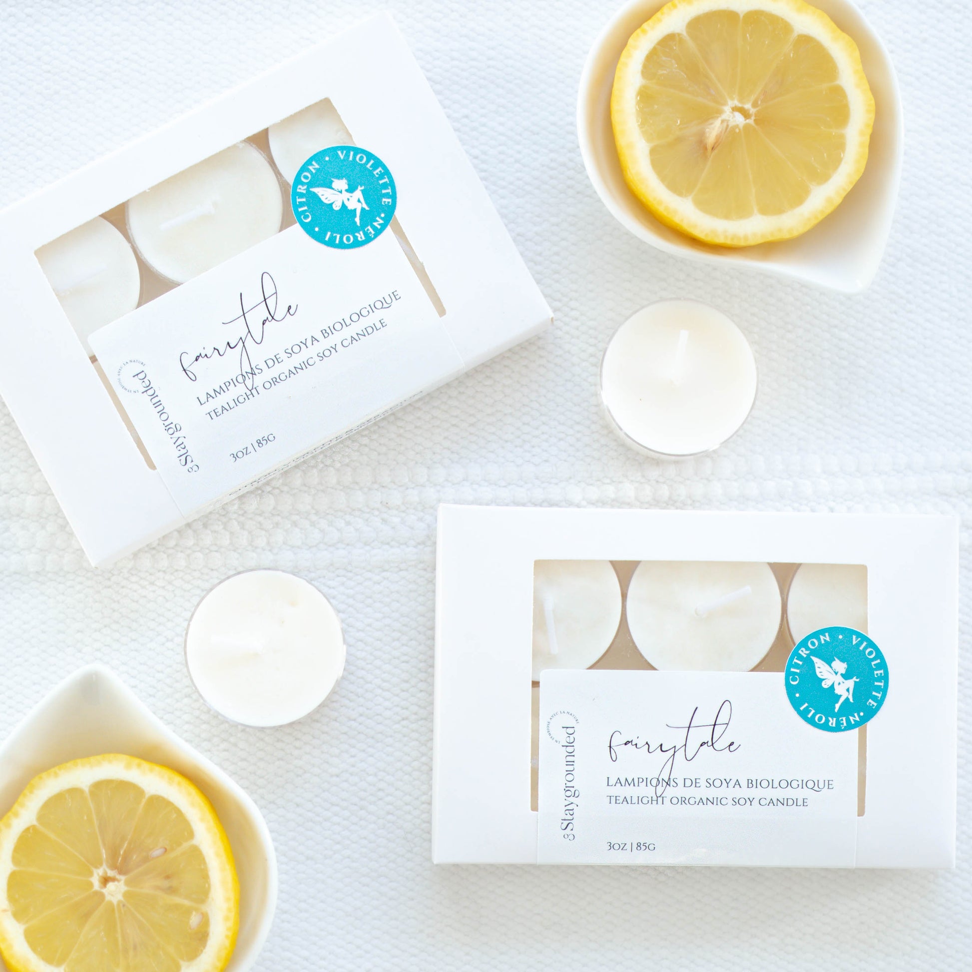 Lampions en cire de soya biologique aux notes de néroli, ortie, citron et feuille de violette, fabriqués à la main au Québec par staygroundedco.