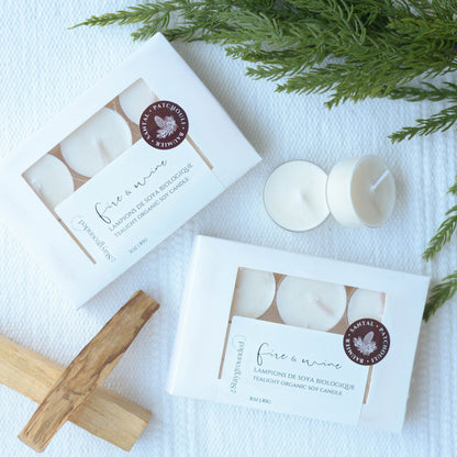 Lampions en cire de soya biologique aux notes de sapin baumier, patchouli et bois de santal, fabriqués à la main au Québec par staygroundedco.